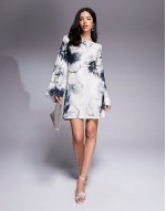 slash neck biased mini in blow up floral print