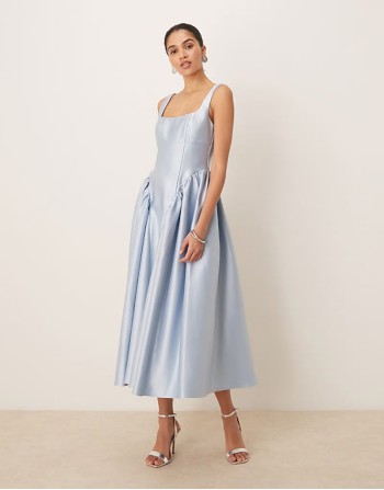 drop hem midi dress in powder blue