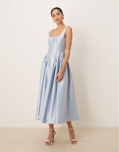 drop hem midi dress in powder blue