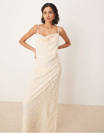 cowl neck textured cami maxi dress in cream