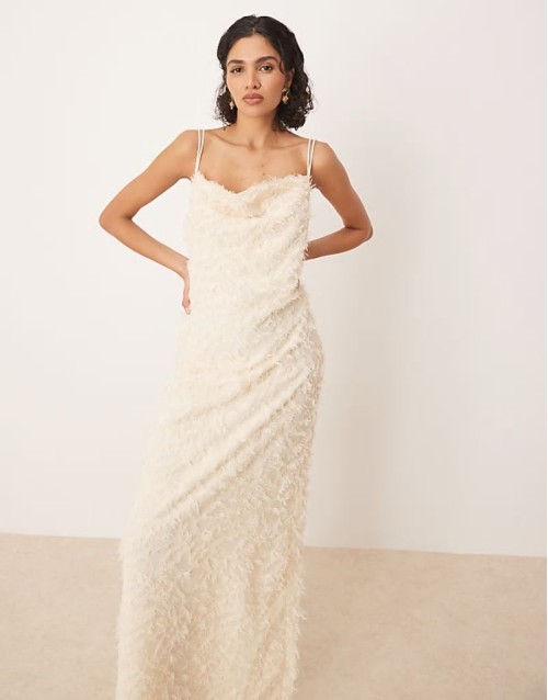cowl neck textured cami maxi dress in cream