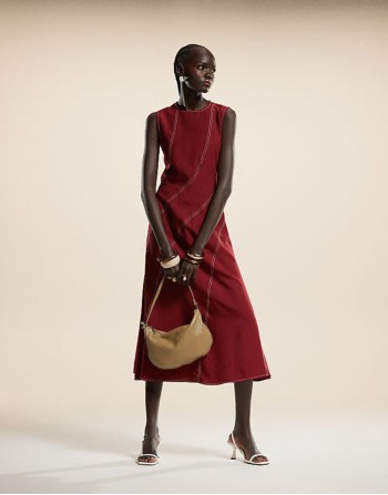 curved contrast stitch midaxi dress in burgundy