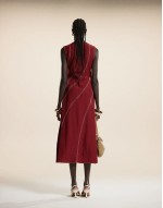 curved contrast stitch midaxi dress in burgundy