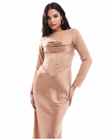 cowl corset overlay satin chiffon mix maxi dress in taupe