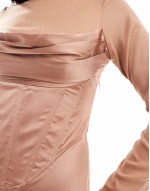 cowl corset overlay satin chiffon mix maxi dress in taupe
