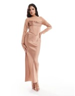 cowl corset overlay satin chiffon mix maxi dress in taupe