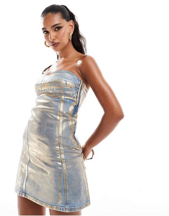 denim bandeau mini dress in metallic gold