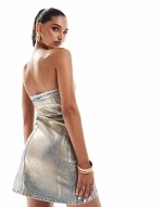 denim bandeau mini dress in metallic gold