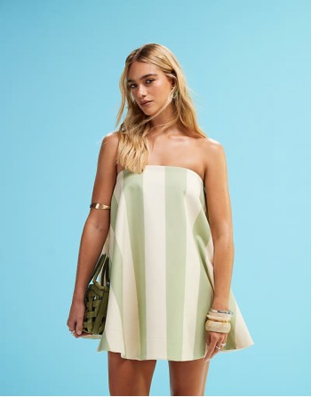lantern mini dress in sage and white stripe