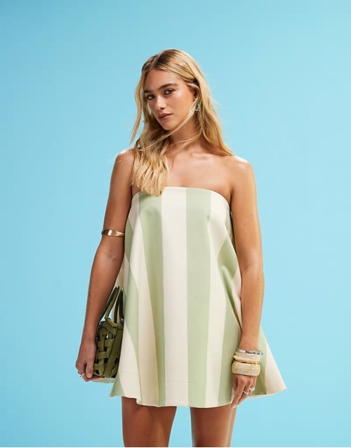 lantern mini dress in sage and white stripe