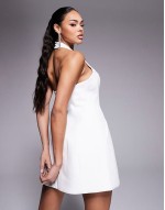 structured halter neck mini dress in white