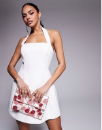 structured halter neck mini dress in white