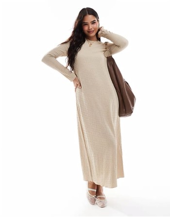 textured long sve maxi dress in cream
