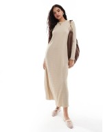 textured long sve maxi dress in cream