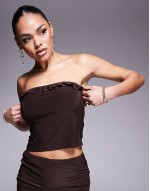 co-ord slinky ruffle trim bandeau top and mini skirt in brown