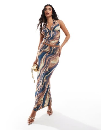 marble printed halter top and maxi skirt co ord in neutral