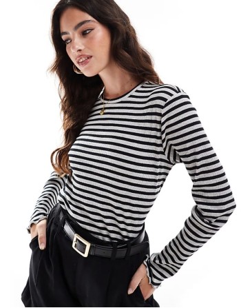 lettuce edge long sved ribbed top in medium grey melange stripe