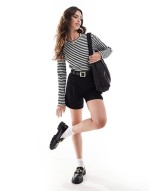 lettuce edge long sved ribbed top in medium grey melange stripe